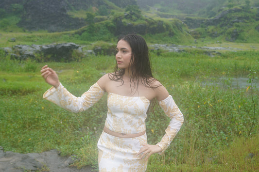 Yellow printed corset with detachable sleeves